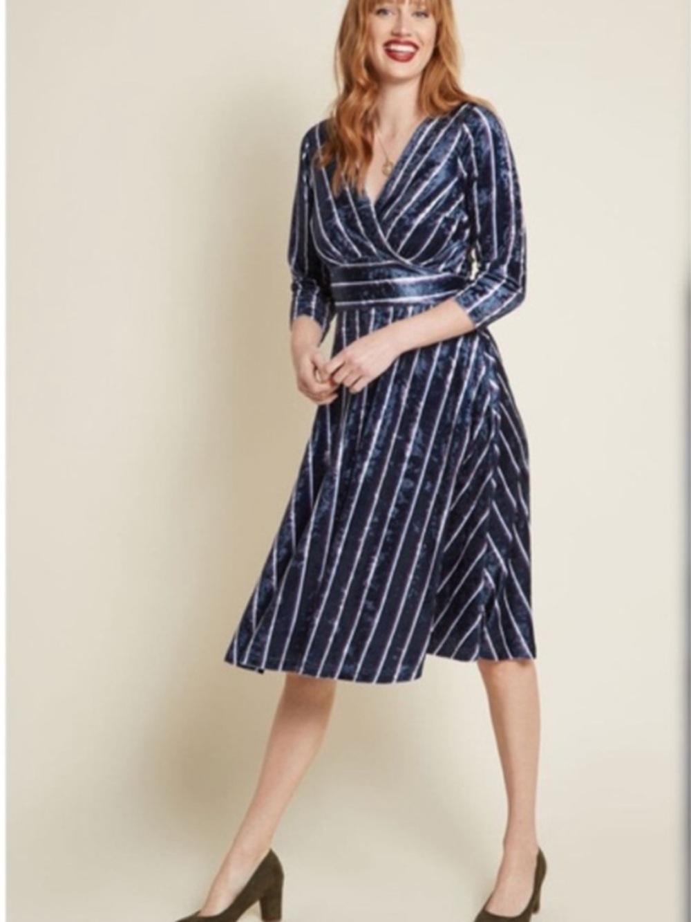 ModCloth Chic Fit Flare Blue Velvet midi dress